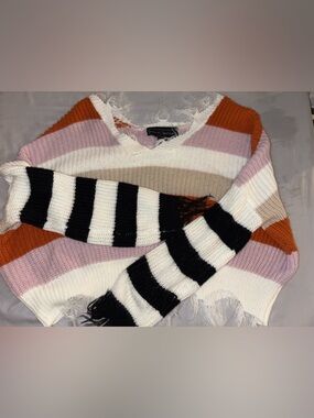 Polly & Esther Multi-Stripe Fringe Knit Poncho in Pink, Cream, Black & Rust